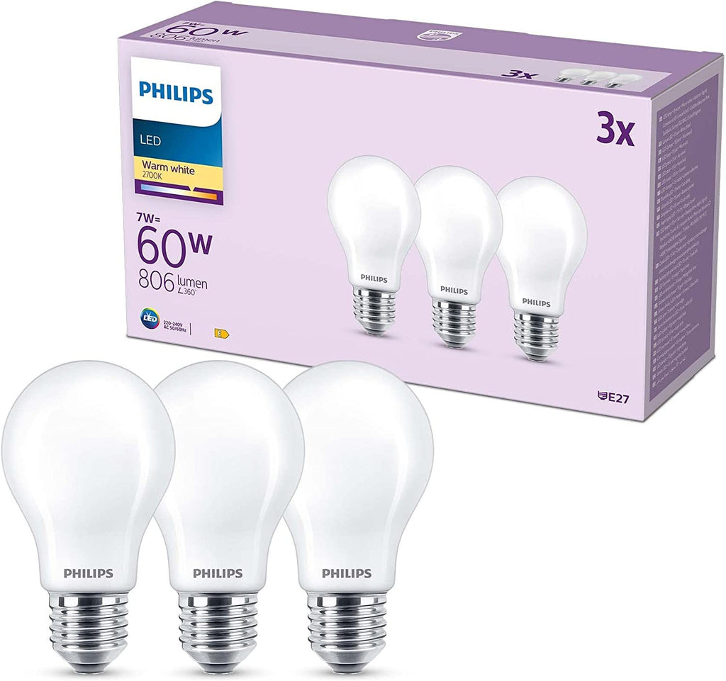 Philips Classic LED E27 Lampe, 60W, matt, warmweiß, nicht dimmbar, 3er Pack