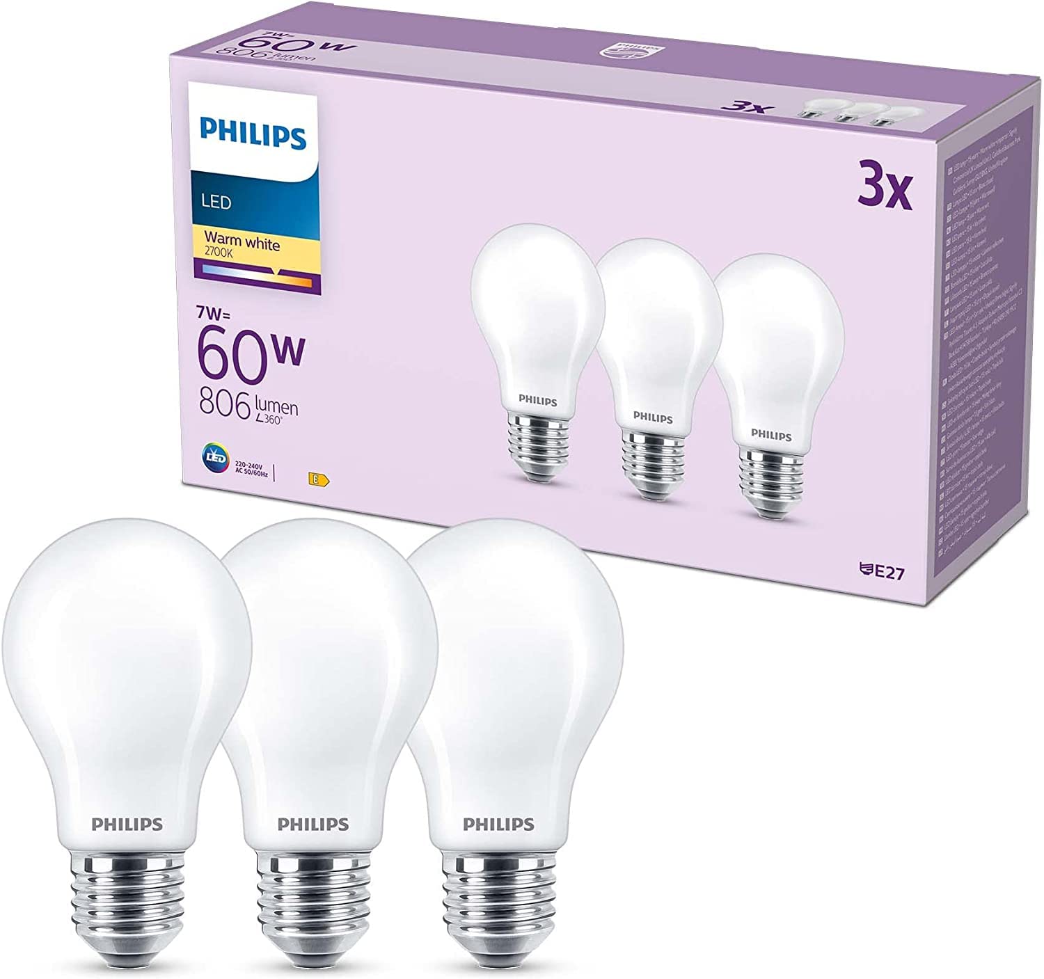 Philips Classic LED E27 Lampe, 60W, matt, warmweiß, nicht dimmbar, 3er Pack