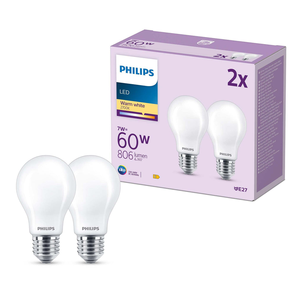Philips Classic LED E27 Lampe, 60W, matt, warmweiß, nicht dimmbar, Doppelpack