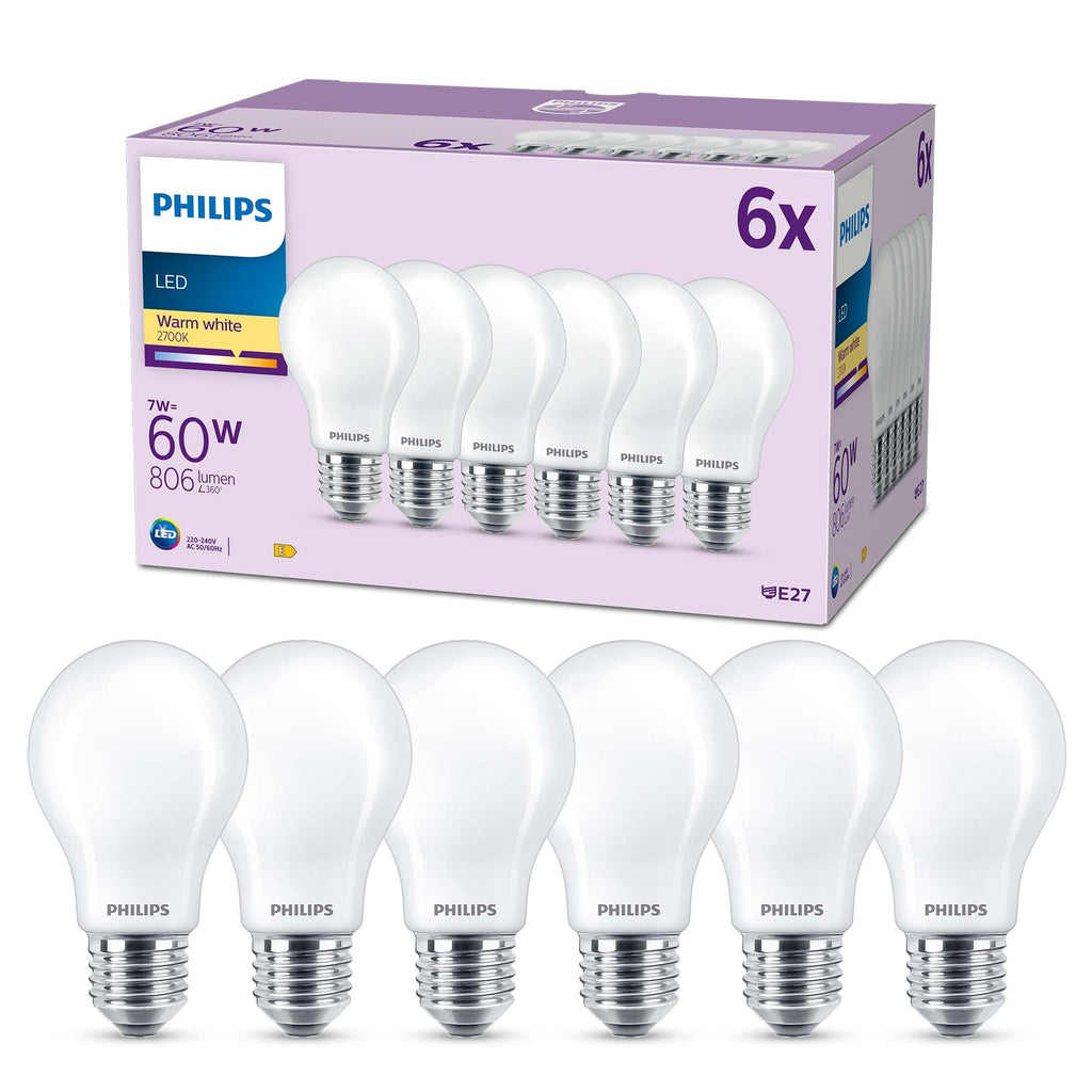 Philips Classic LED E27 Lampe, 60W, matt, warmweiß, nicht dimmbar, 6er Pack